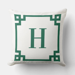 Hunter Green and White Greek Key Border Monogram Cushion