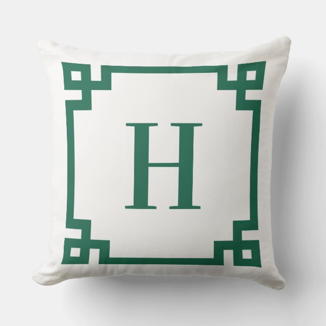 Hunter Green and White Greek Key Border Monogram Cushion (Front)