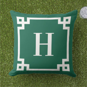 Hunter Green and White Greek Key Border Monogram Cushion