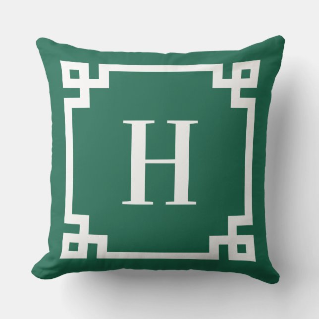 Hunter Green and White Greek Key Border Monogram Cushion (Front)