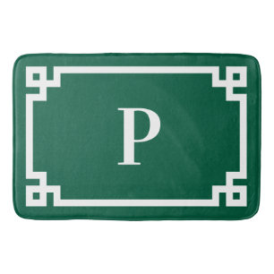 Hunter Green and White Greek Key Monogram Large Bath Mat