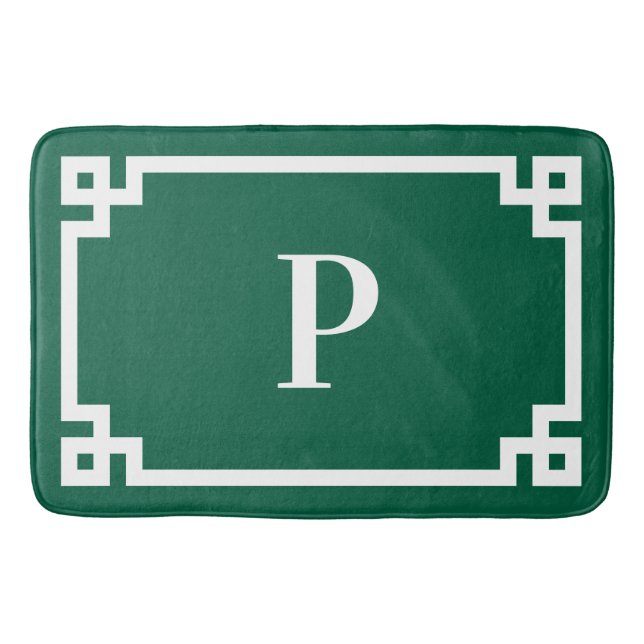 Hunter Green and White Greek Key Monogram Large Bath Mat (Front)