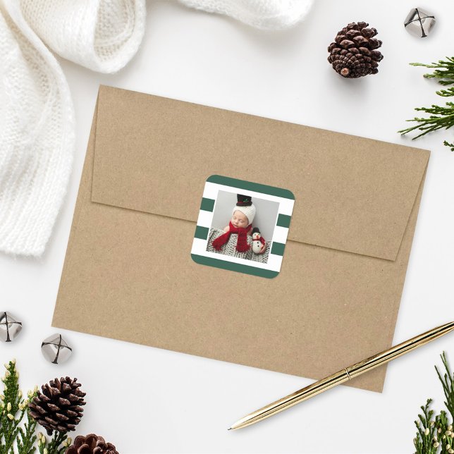 Hunter Green and White Stripes Holiday Photo Square Sticker (Creator Uploaded)