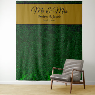 Hunter Green Black Gold Floral Wedding Backdrop Tapestry