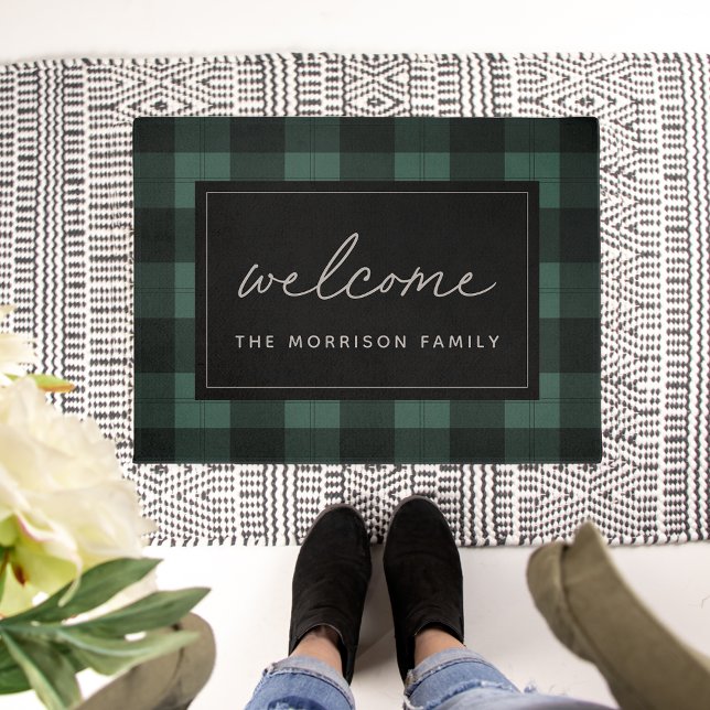Hunter Green & Black Plaid Personalised Welcome Doormat (Creator Uploaded)