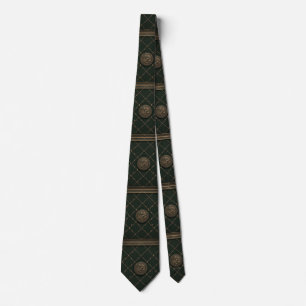 Hunter Green & Bronze Hunting Lodge Emblem Fabric  Tie