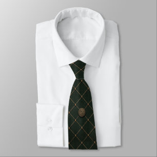Hunter Green & Bronze Hunting Lodge Emblem Fabric  Tie