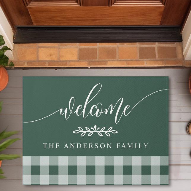 Hunter Green Buffalo Check Welcome Personalised Doormat (Creator Uploaded)