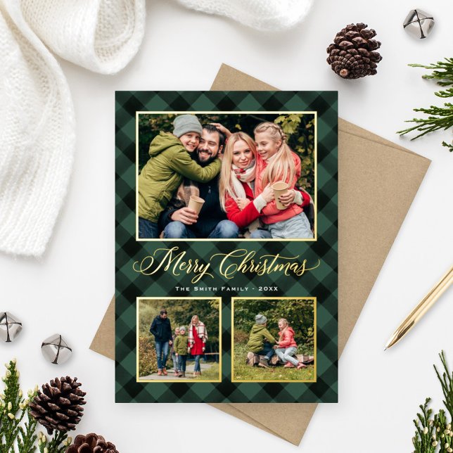 Hunter Green Buffalo Plaid Christmas Photo Collage Foil Holiday Card (Creator Uploaded)