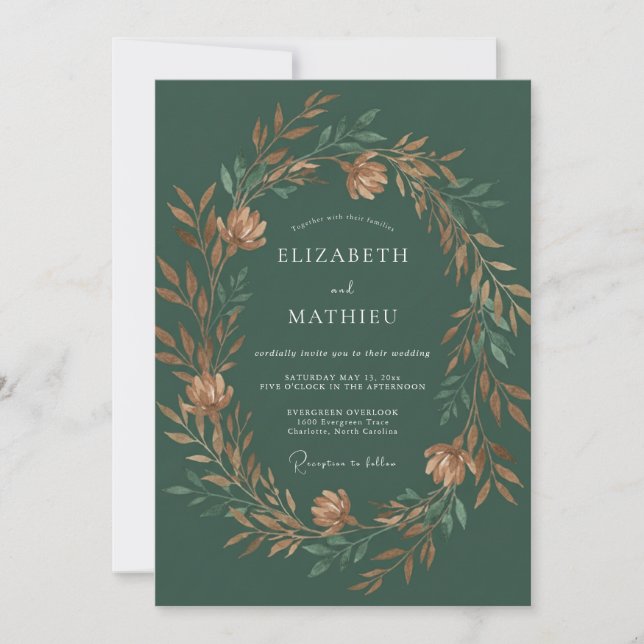 Hunter Green Burnished Autumnal Wedding Invitation (Front)