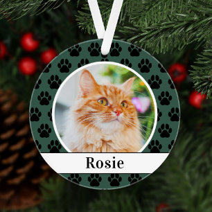 Hunter Green Cat Photo Script Name Paw Print Ornament