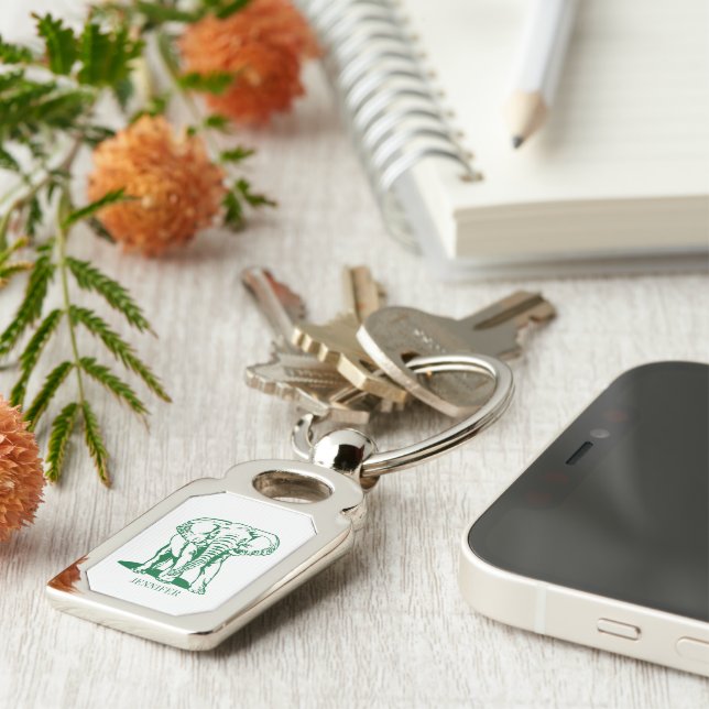 Hunter Green Elephant Line Drawing With Monogram Key Ring (Side)