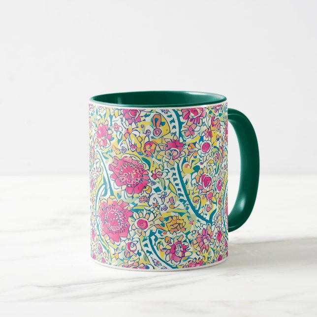 Hunter Green Floral Arabic Pattern  Mug (Front Right)