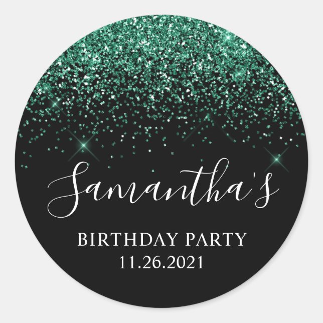 Hunter Green Glitter Black Birthday Party Classic Round Sticker (Front)
