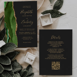 Hunter Green Gold Agate Dark QR Code Wedding Invitation