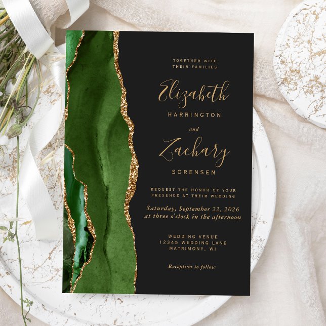 Hunter Green Gold Agate Dark Wedding Invitation (Creator Uploaded)