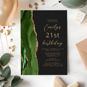 Hunter Green Gold Agate Slate Script 21st Birthday Invitation