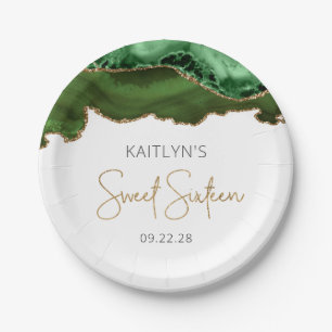 Hunter Green Gold Agate Sweet 16 Birthday Party Paper Plate