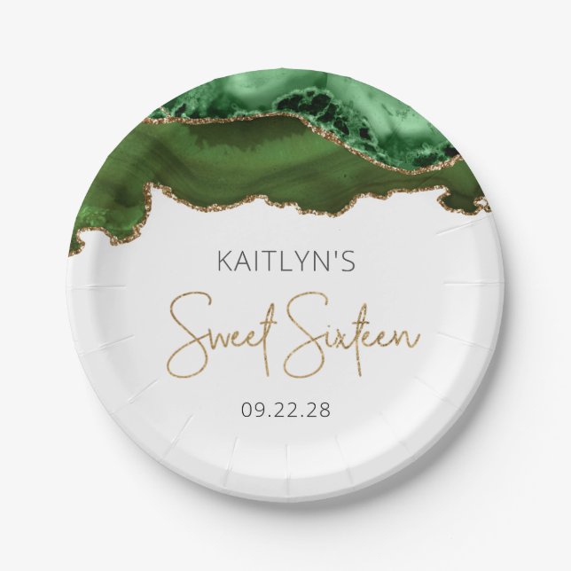 Hunter Green Gold Agate Sweet 16 Birthday Party Paper Plate (Front)