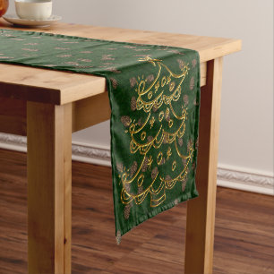 Hunter Green Gold Tree Christmas Table Runner
