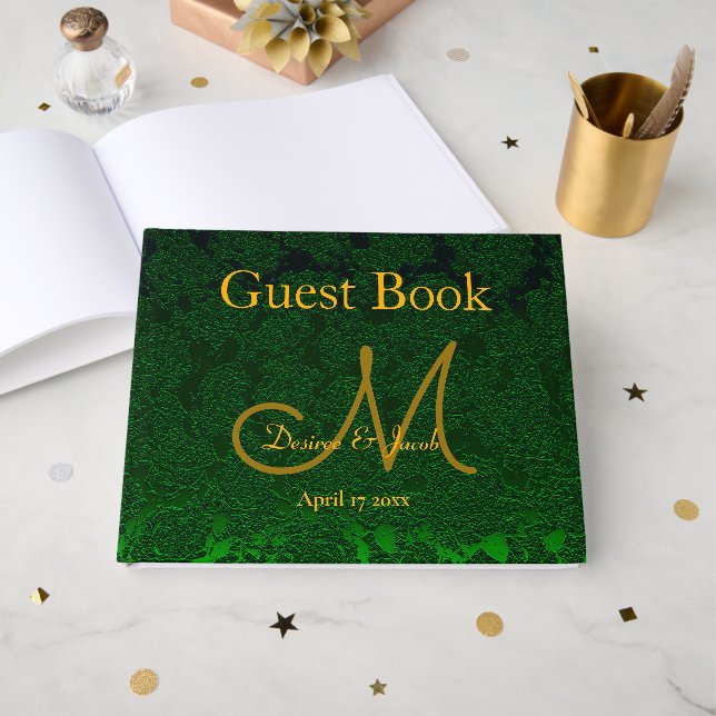 Hunter Green Gold Wedding Reception Monogram Guest Book (Front Open)