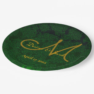 Hunter Green Gold Wedding Reception Monogram Paper Plate