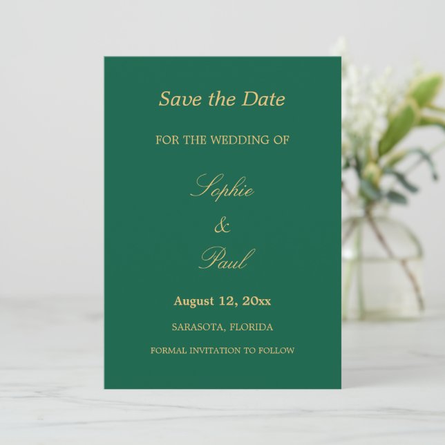 Hunter Green Golden Beige Save the Date (Standing Front)