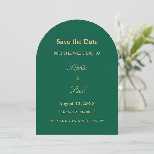 Hunter Green Golden Beige Script Arch Save The Date (Standing Front)