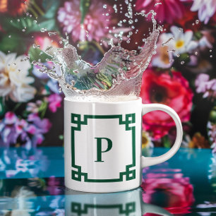 Hunter Green Greek Key Border Monogram Mug