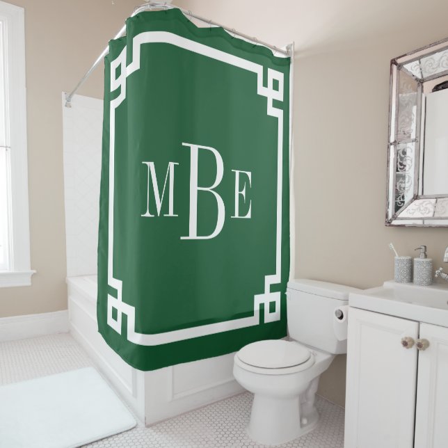 Hunter Green Greek Key Border Monogram Shower Curtain (In Situ)