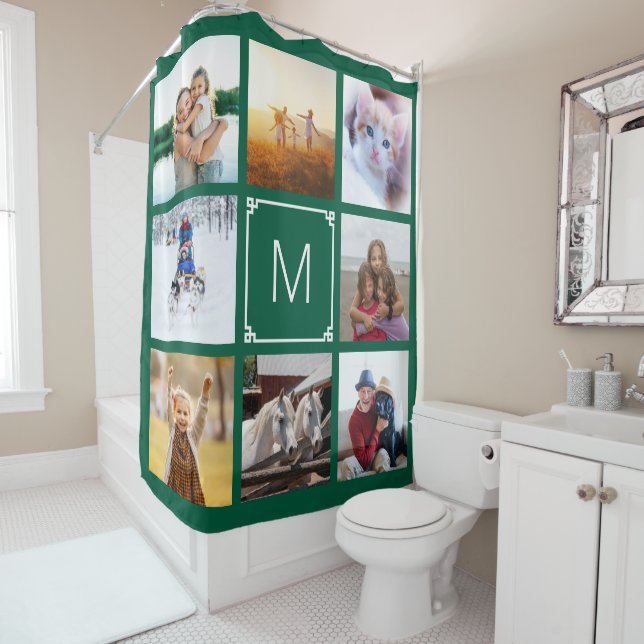 Hunter Green Greek Key Monogram 8 Photo Collage Shower Curtain (In Situ)