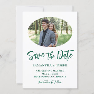 Hunter Green Handwritten Script Oval Photo Save The Date