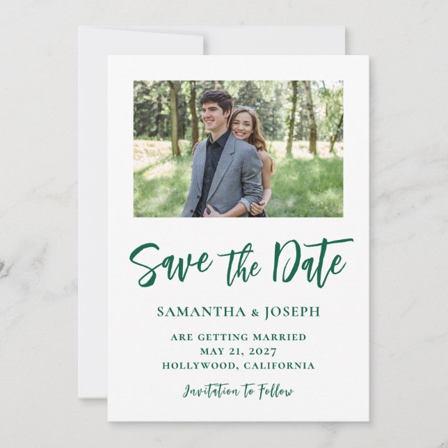 Hunter Green Handwritten Script Photo Save The Date (Front)