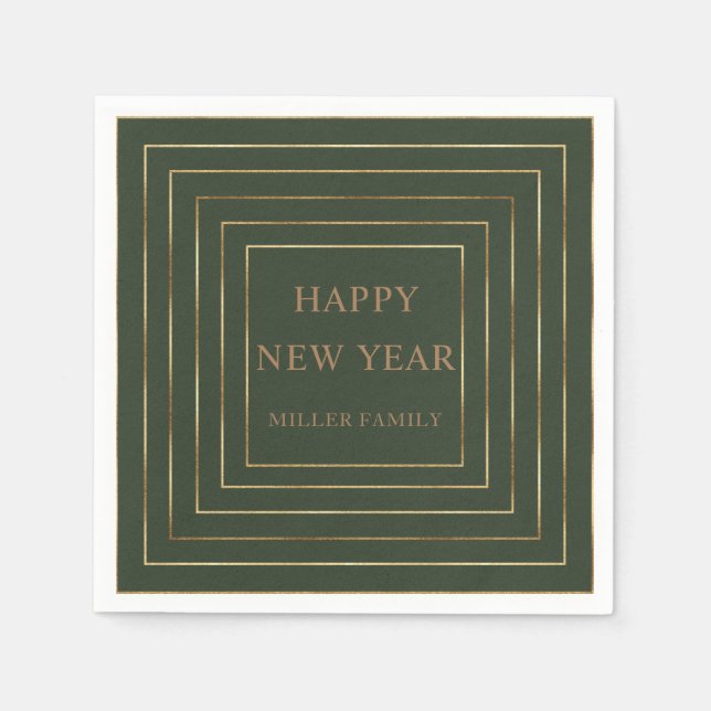 hunter green happy new year party gold border napkin (Front)