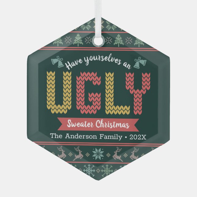 Hunter Green Knit Ugly Sweater Nordic Christmas  Glass Tree Decoration (Front)