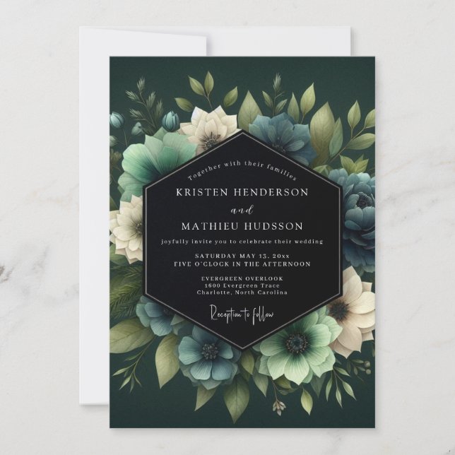 Hunter Green Luminous Bloom Wedding Invitation (Front)