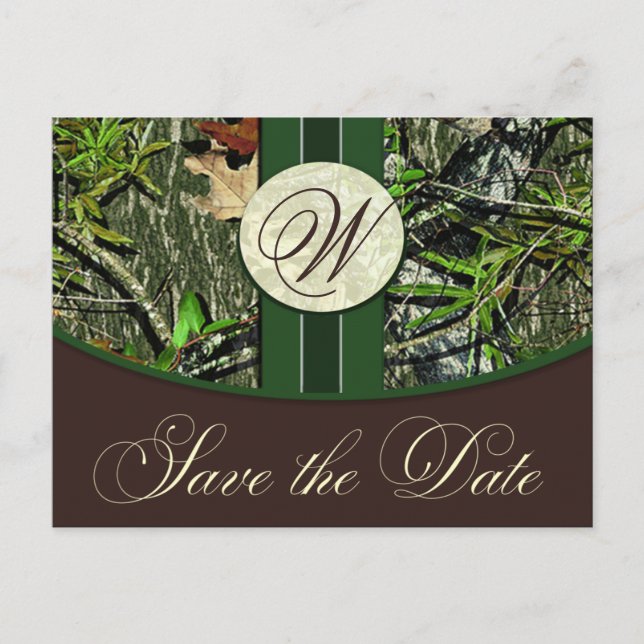 Hunter Green Monogram Camo Wedding Save the Dates Announcement Postcard (Front)