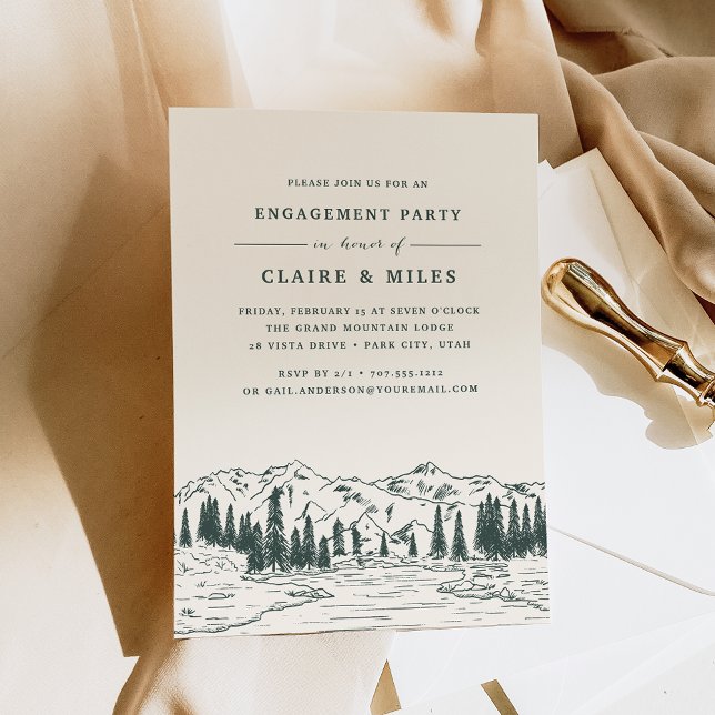 Hunter Green | Mountain Sketch Engagement Party Invitation (Creator Uploaded)