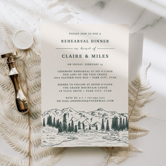 Hunter Green | Mountain Sketch Rehearsal Dinner Invitation (Creator Uploaded)