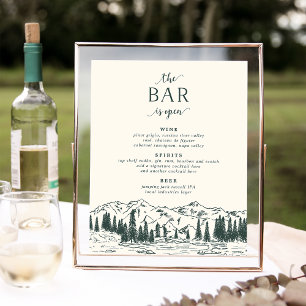 Hunter Green Mountain Sketch Wedding Bar Menu Sign