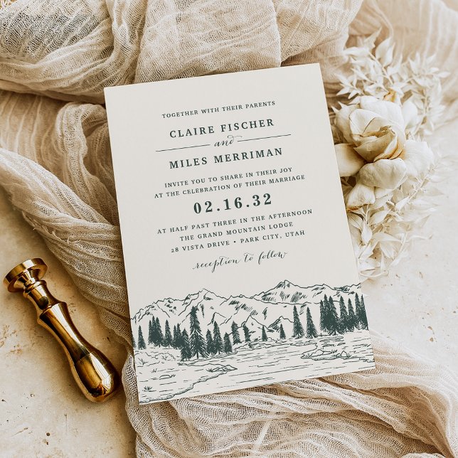 Hunter Green | Mountain Sketch Wedding Invitation (Creator Uploaded)