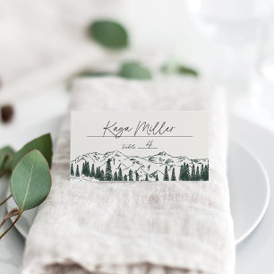 Hunter Green Mountain Sketch Wedding Place Card