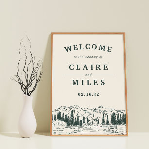 Hunter Green Mountain Sketch Wedding Welcome Sign