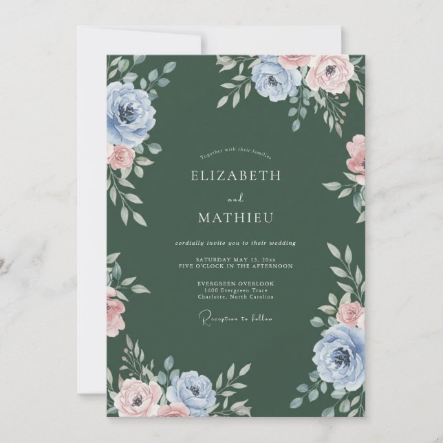 Hunter Green Painted Blossom Wedding Invitation (Front)