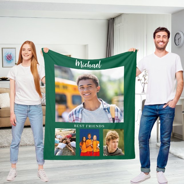 Hunter green photo collage boy friends fleece blanket (Creator Uploaded)