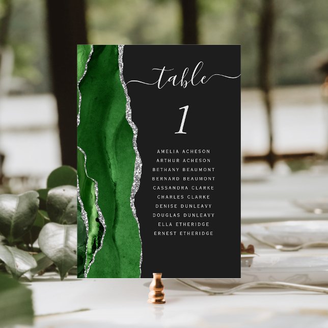 Hunter Green Silver Agate Dark Wedding Table Number (Creator Uploaded)