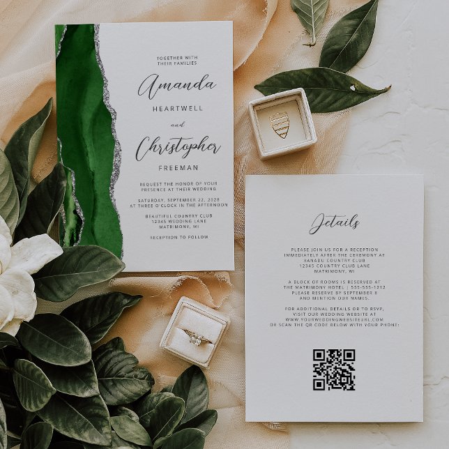 Hunter Green Silver Agate QR Code Wedding Invitation (Creator Uploaded)