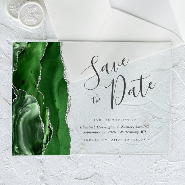 Hunter Green Silver Agate Save the Date Card Acrylic Invitations (Creator Uploaded)