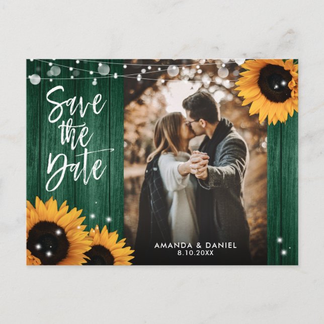 Hunter Green Sunflower Wedding Photo Save The Date Announcement Postcard (Front)
