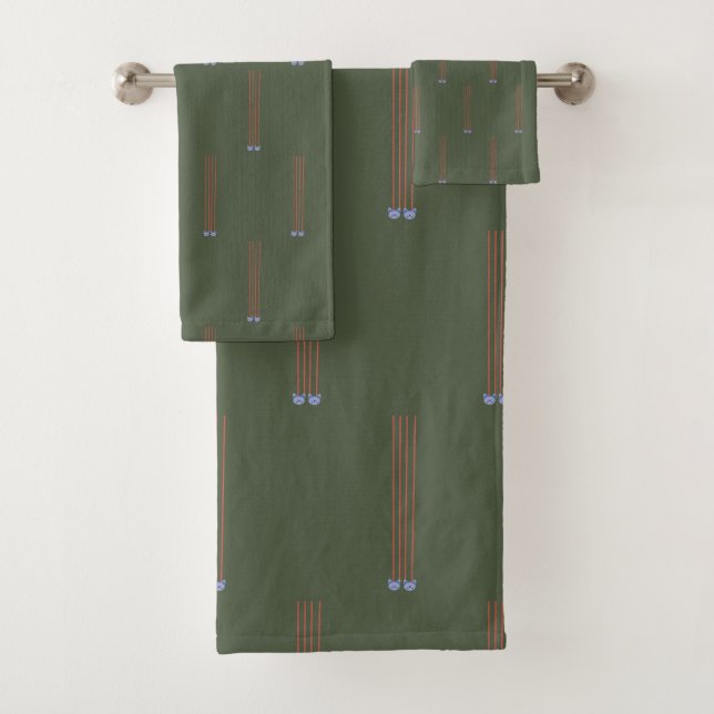 Hunter Green Towel Set Comical Cats & Lines (Insitu)